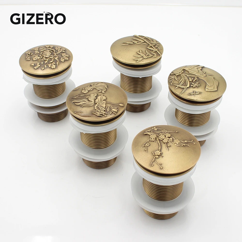 Раковина для ванной комнаты, выдвижная сливная раковина, античная латунная резная стопор для отходов, раковина для раковины с водяным отверстием clac ZR2023 Раковина для ванной комнаты, выдвижная сливная раковина, античная латунная резная стопор для отходов, раковина для раковины с водяным отверстием clac ZR2023