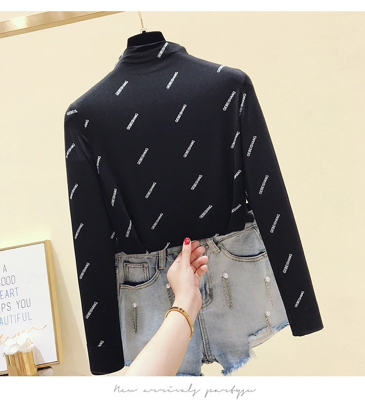 gkfnmt Women's Tshirt Letter Printing Long Sleeve Tops Basic Turtleneck T Shirts Autumn Winter Tee Shirt Femme White clothes