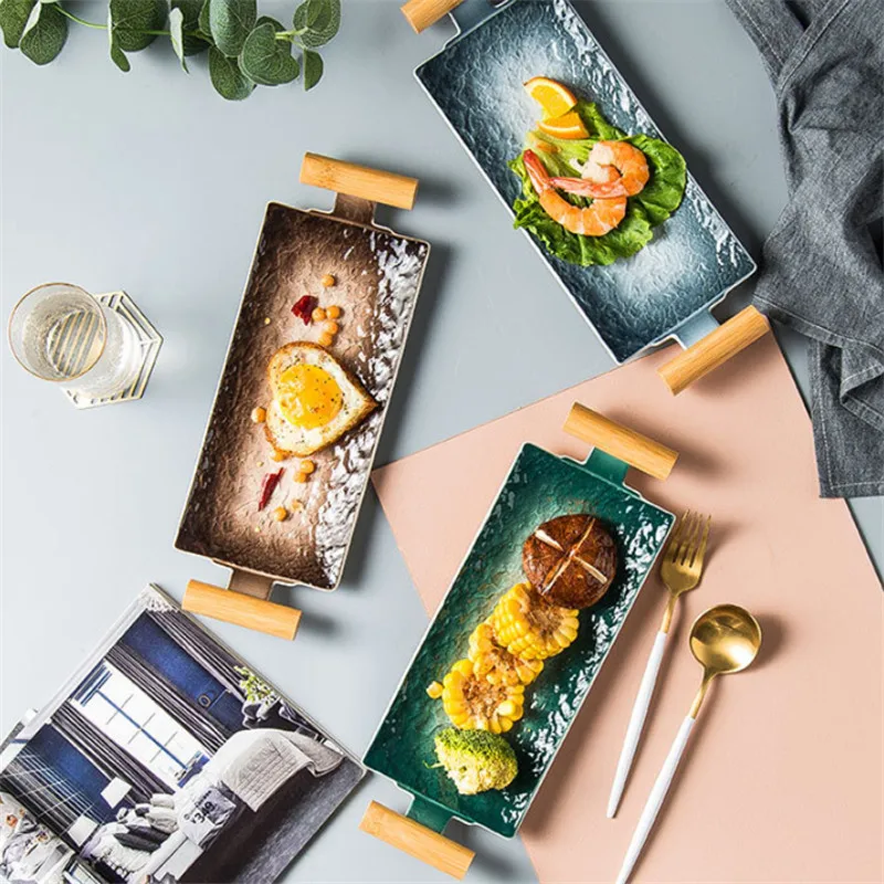 Японская керамическая прямоугольная тарелка для суши с деревянной ручкой