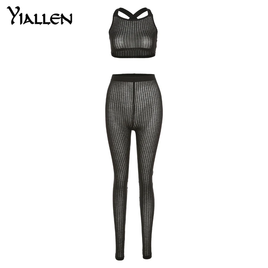 

Yiallen Sexy Sleeveless Cross Top And Pants Two Piece Set Women Solid Club Outfits Party Wear See Through Skinny Sets Hot