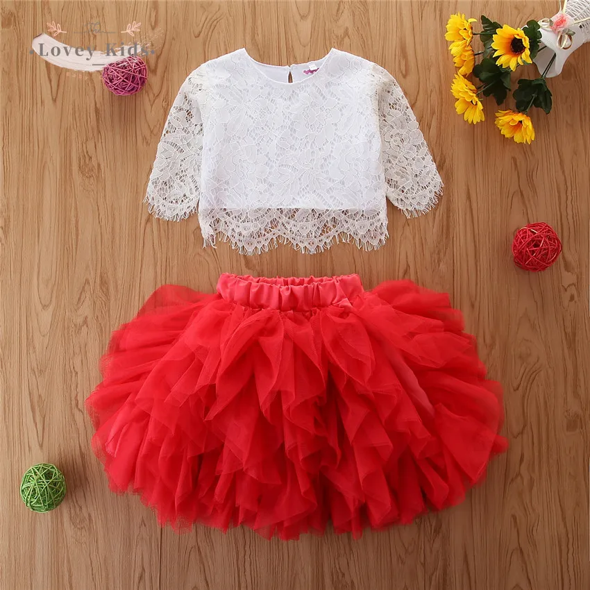 

2021 Baby Girl Outfit 2 Piece Set Lace Long Sleeve Top Pullover Tutu Tulle Skirt Pettiskirt for Party Dance Princess Clothes