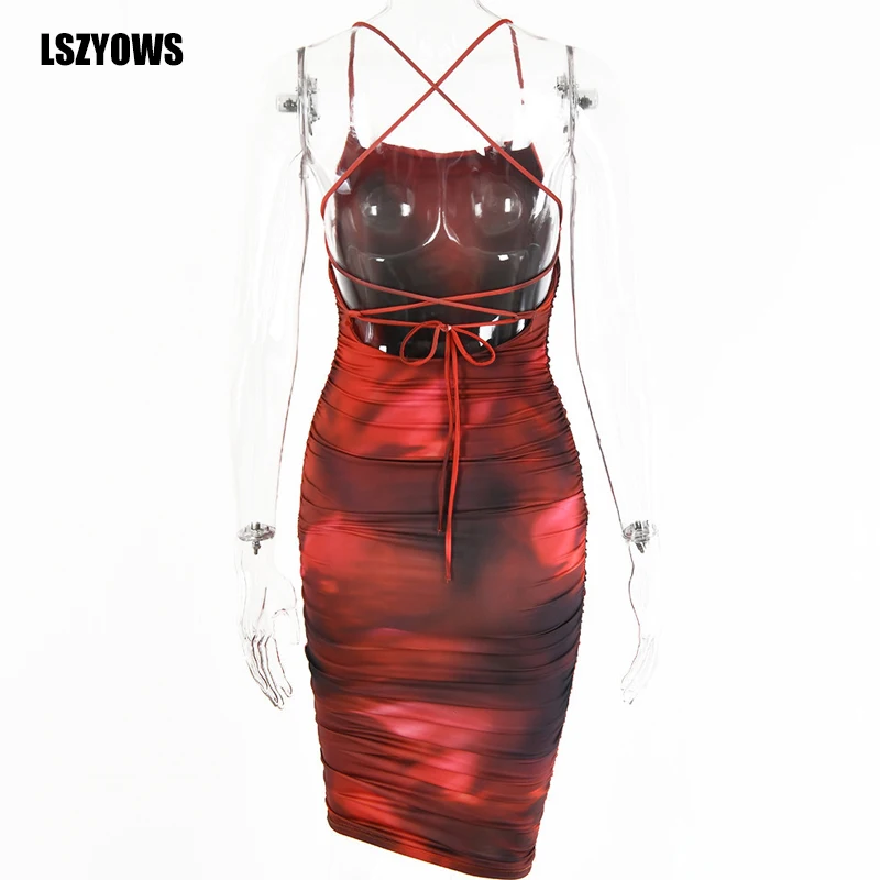 

Tie Dye Printed Sexy Mini Dress Spaghetti Strap Sleeveless Backless Bandage Dress Women Summer Club Party Ruched Bodycon Dresses
