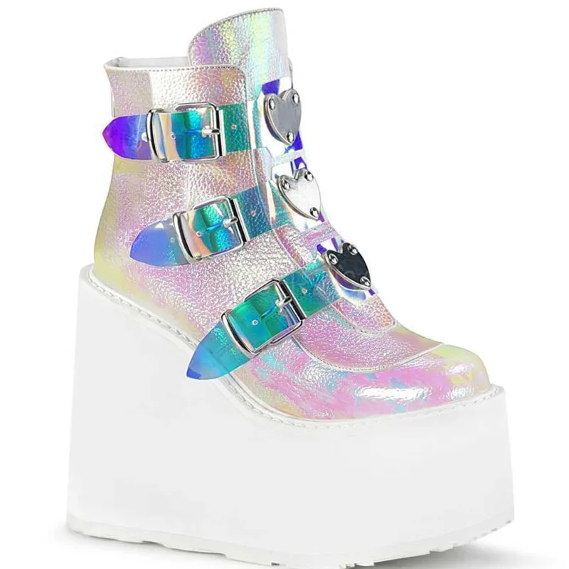 Женские ботинки на танкетке зимние теплые из искусственной кожи высоком каблуке