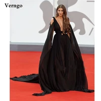 verngo sexy black silk chiffon a line evening dresses deep v neck long cape sleeves sweep train prom gowns women celebrity dress