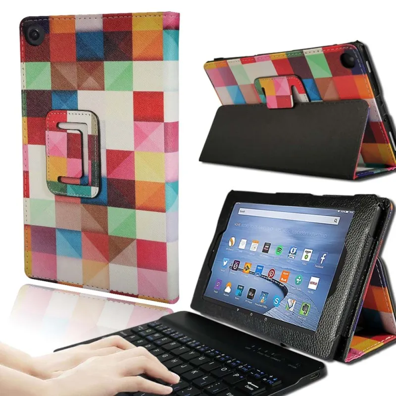 Rainbow Square KK& LL для Amazon Fire HD 8(6 7 8-го поколения, выпуск-Bluetooth клавиатура планшет кожаный Стенд чехол-книжка - Цвет: Rainbow Square