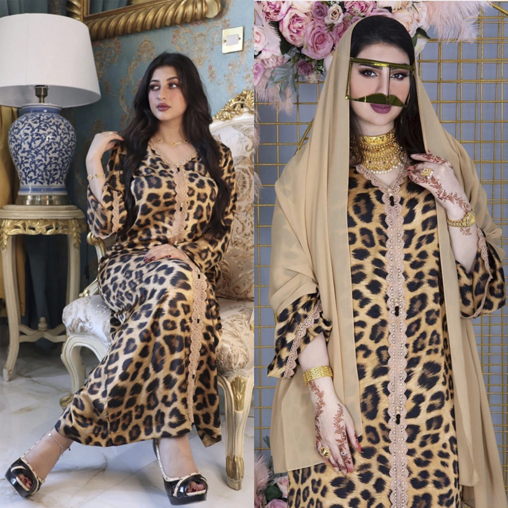 

MD Leopard Print Long Dress For Women Abaya Dubai Turkey Muslim Kaftan Plus Size African Boubou Ramadan Eid Mubarak Clothing