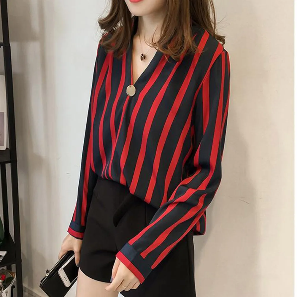 

Newly Women Long Sleeve Chiffon Shirt Striped V-Neck Office Holiday Fashion Loose Tops DO99