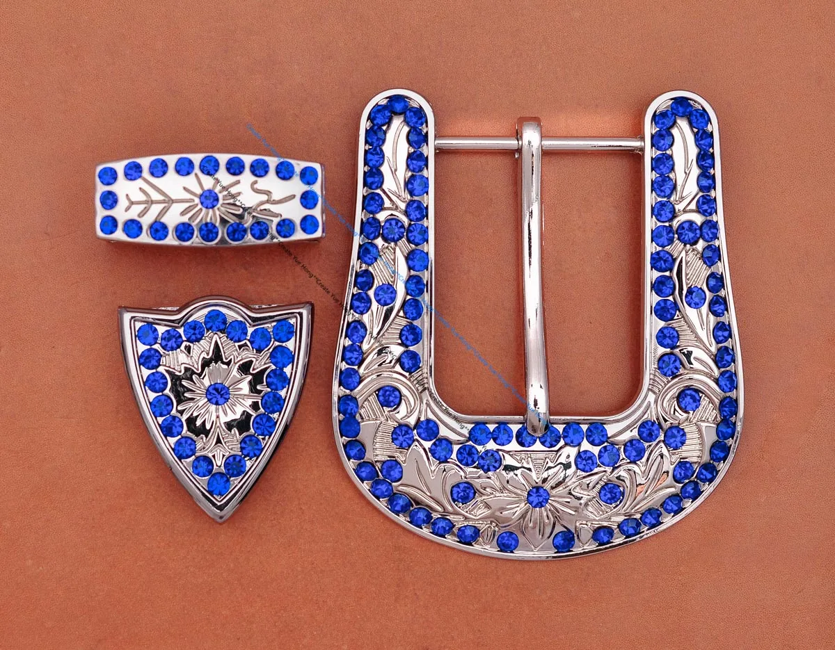 Hebilla de cinturón de cuero occidental, conjunto de tres piezas de diseño Floral plateado ostentoso, cristal de imitación azul, gran vaquero Rodeo Ranger