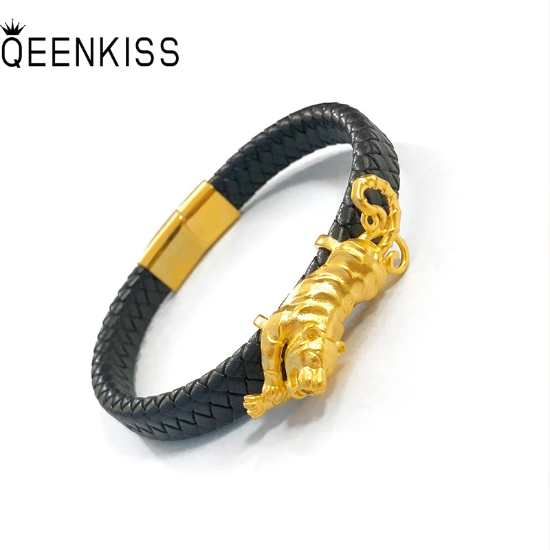 

QEENKISS BT558 Fine Jewelry Wholesale Fashion Man Father Birthday Wedding Gift Vintage Leopard 24KT Gold Leather Cord Bracelet