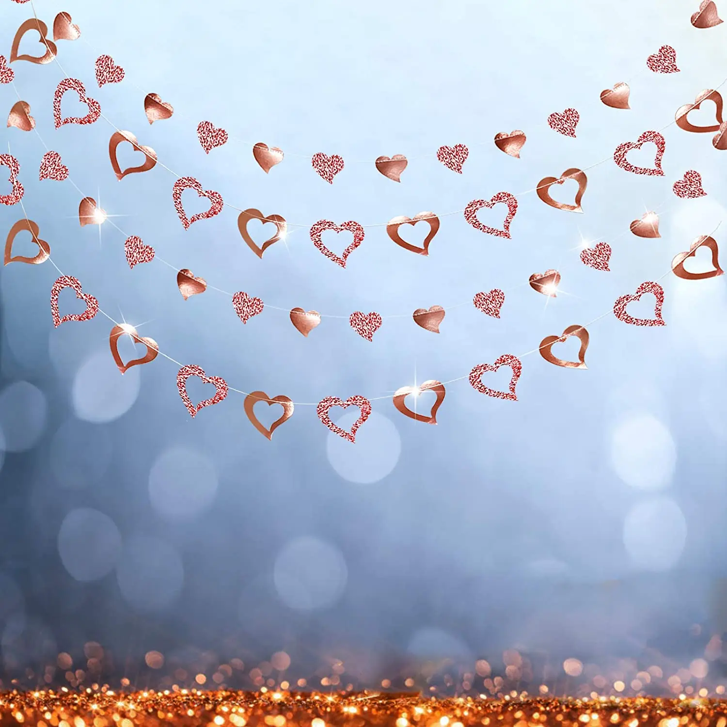 

4Pcs Glitter Rose Gold Hollow Solid Heart Garlands Decoration Hanging Love Streamer Banner for Wedding Bridal Shower Party Decor