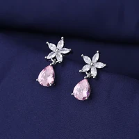 cute romantic flower stud earrings pink water drop crystal aaa zircon stone tiny fashion earring piercing jewelry gift for women