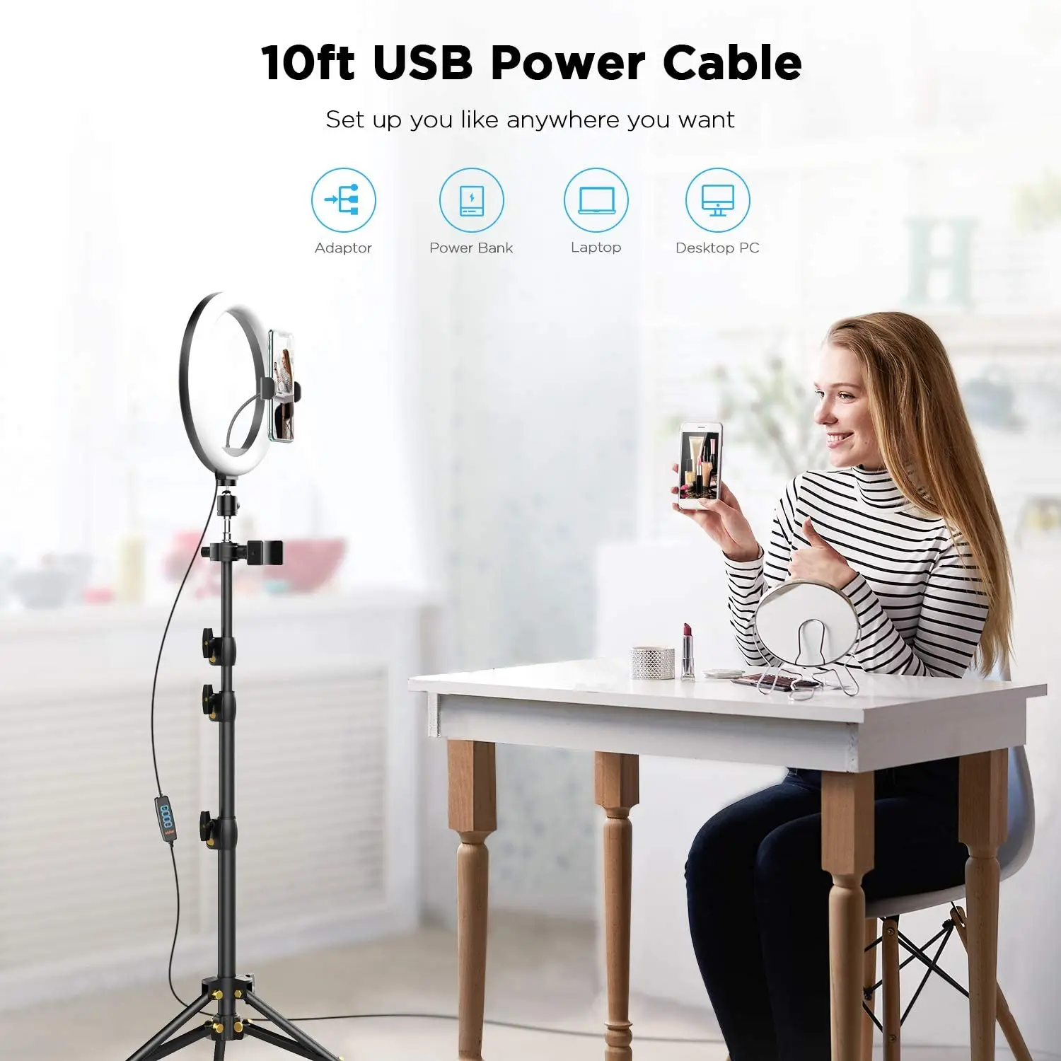 Кольцевой светильник со штативом и держателем для мобильного телефона