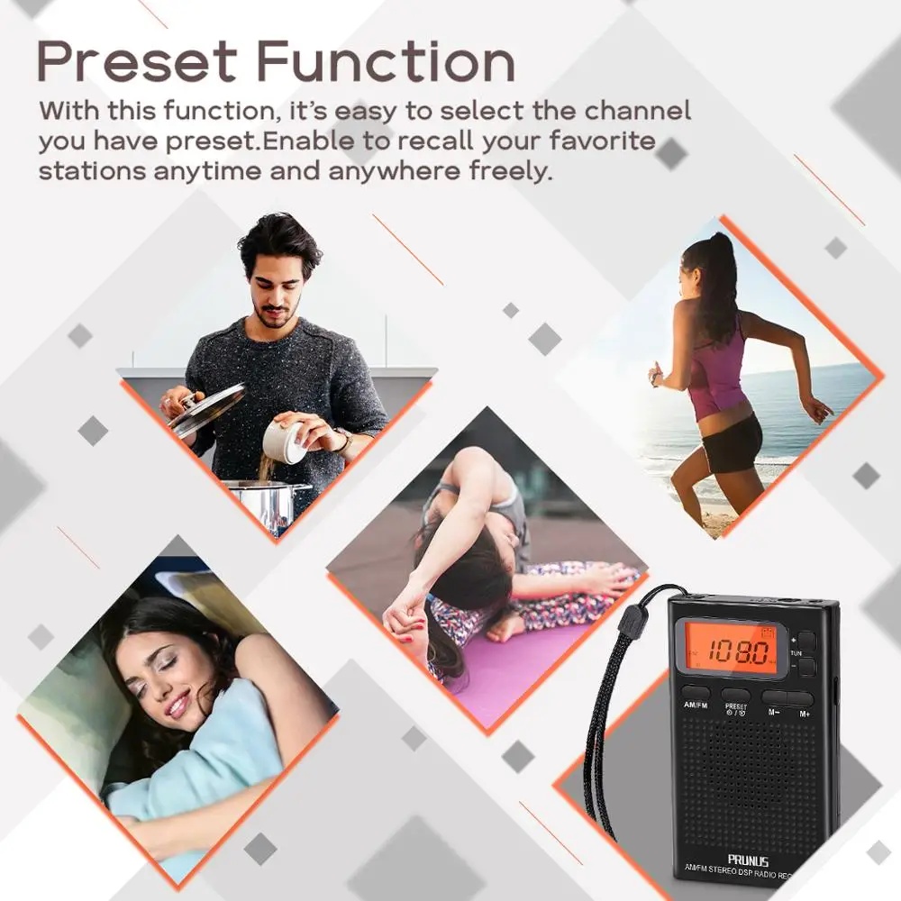 Портативный карманный мини радиоприемник с будильником PRUNUS J 125 AM/FM наушниками 12