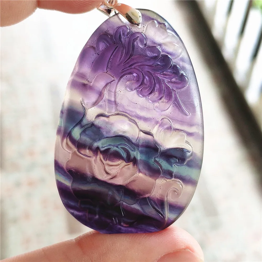

Purple Natural Colorful Fluorite Quartz Pendant Women 48x32x10mm Flower Carved Fluorite Necklace Jewelry Fashion Stone AAAAA