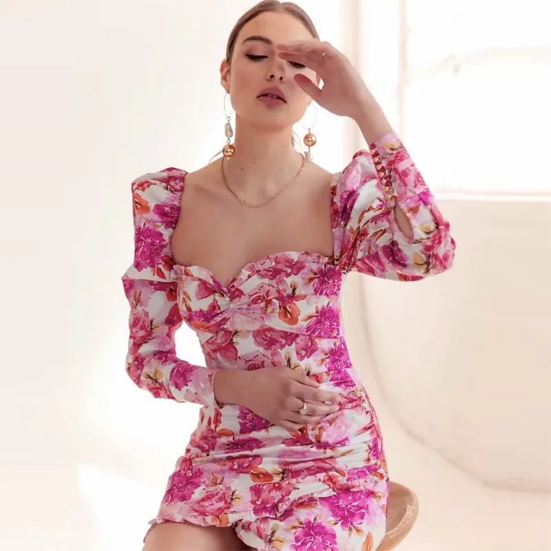 Женское повседневное мини-платье с цветочным принтом зимнее розовое винтажное