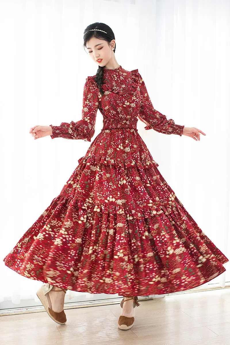 

Бесплатная доставка, новинка 2021, Boshow, Осеннее шифоновое длинное платье макси с длинными рукавами-фонариками, винтажный принт с круглым выре...