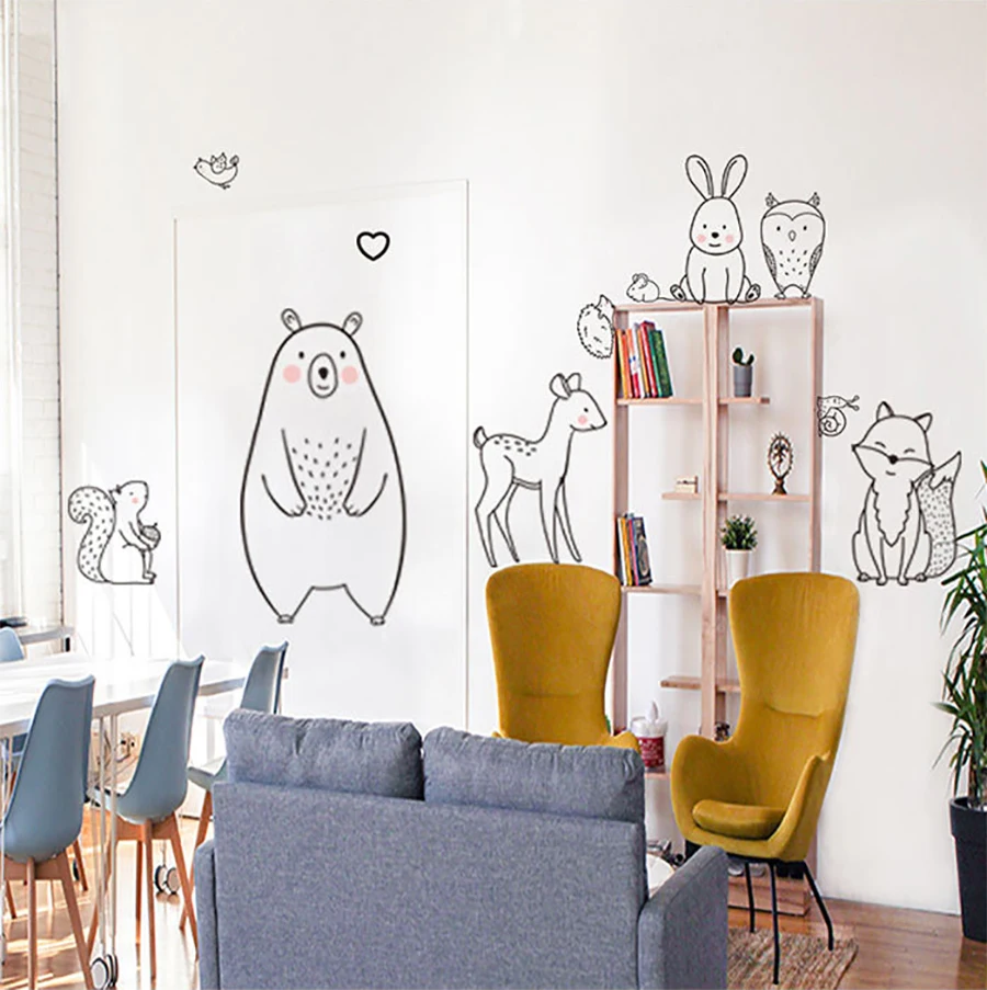cartoon animal wall sticker Shy Bear Fox Baby Children Room Creative Nursery Decals Adhesive Home Decor Wallpaper Supply | Дом и сад