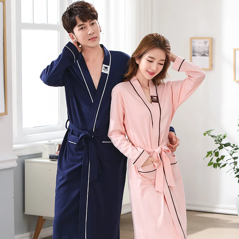 V Neck Spring Summer Bathrobe Men Cotton Bathrobe Pajamas For Men And Women Couple Robes Lounge Bathrobe Long Sleeve Nightgown