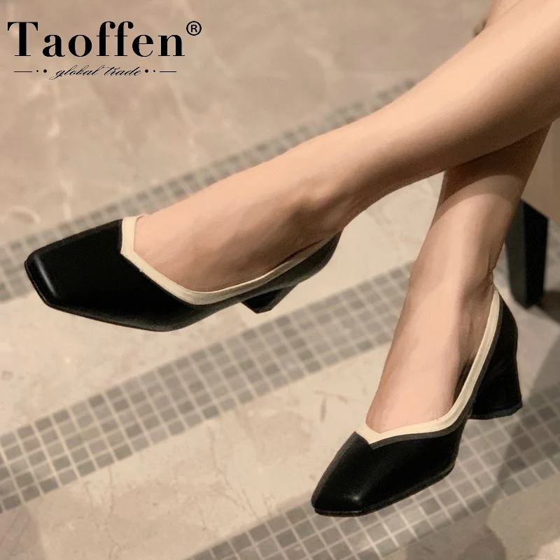 

TAOFFEN Women Real Leather Pumps Square Toe Thick Heel Shallow Slip On Shoes Party Shoes Ladies Female Footwear Size 34-40