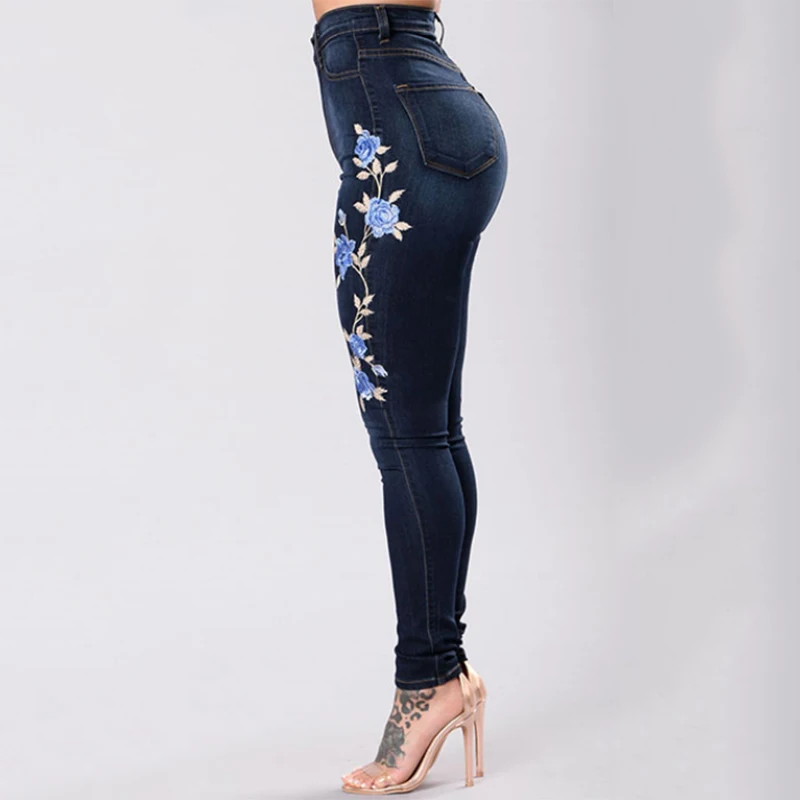 Узкие брюки-карандаш с завышенной талией и вышивкой розы женская одежда джинсы
