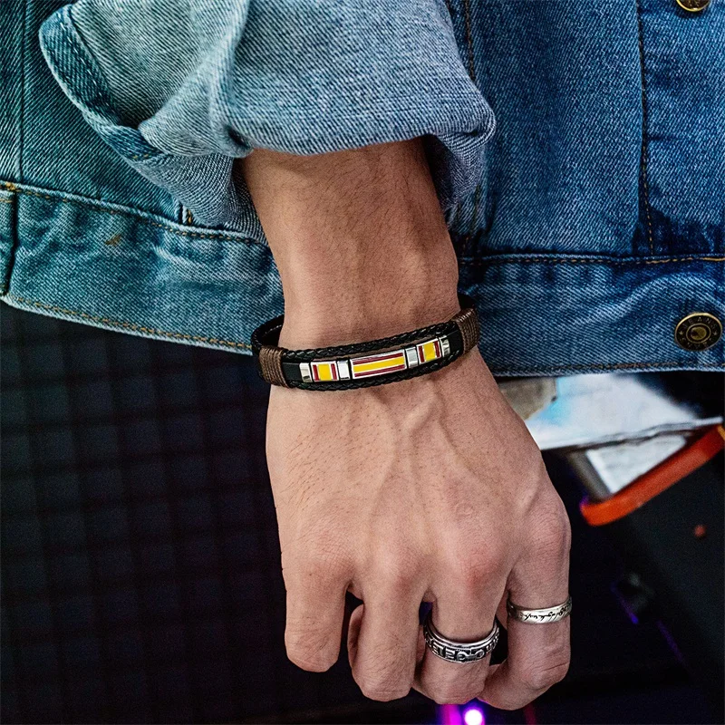 

AZIZ BEKKAOUI Multilayer Layer Engraved Name Spanish Flag Leather Bracelet for Man Stainless Steel Men Bangle Customised Jewelry