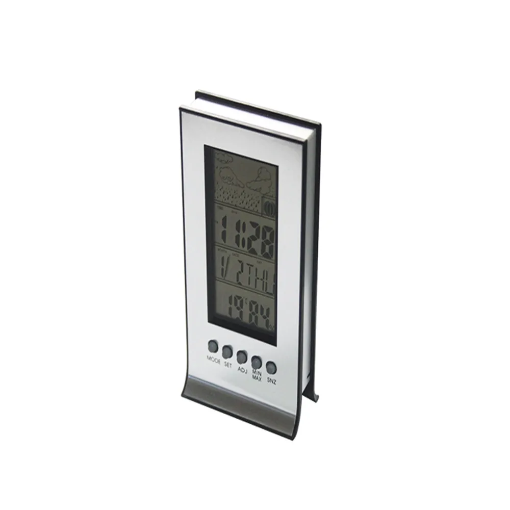 JIMEI H106A стол с ЖК-экраном Будильник Weathe Forecast часы с комнатным измерителем температуры и влажности и алюминиевой поверхностью