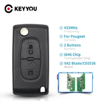keyyou 2 buttons auto car remote key fob id46 chip for peugeot 207 307 308 407 807 433mhz va2 blade ce0536