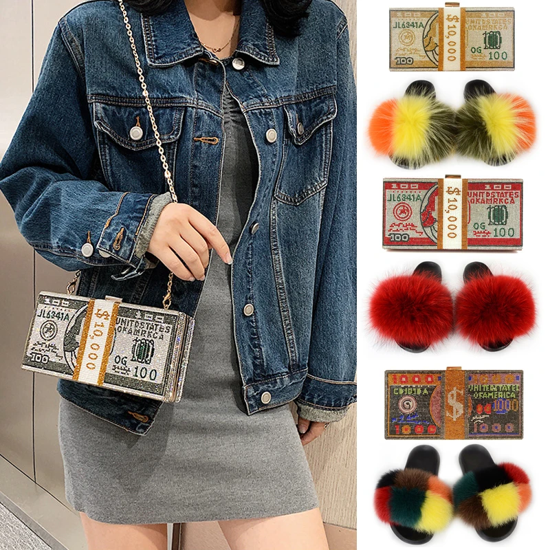 

Новые сумки со стразами $, дизайнерские Роскошные вечерние сумки со стразами, женские тапочки из лисьего меха, пушистая обувь, плюшевые меховые сланцы