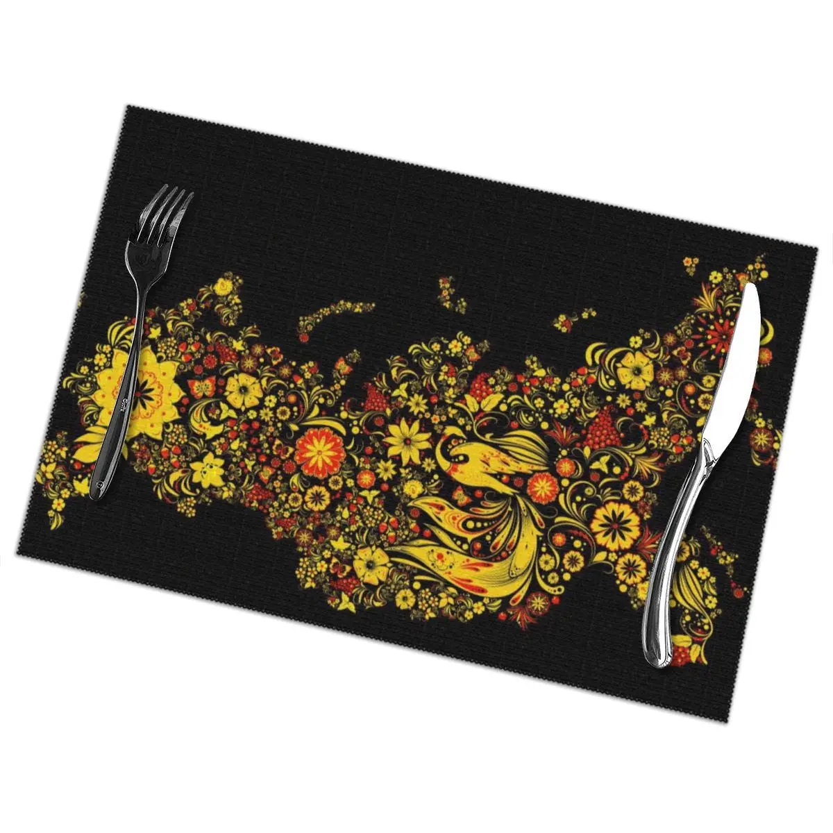 

6 Pcs Placemat Table Mat Chochloma Print For Tables Heat-insulation Linen Kitchen Dining Pads