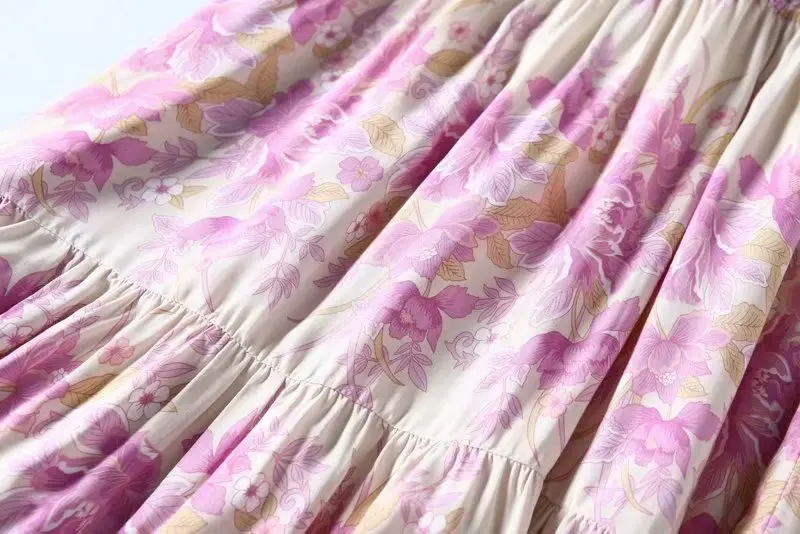 Женское винтажное богемное платье макси розовое пляжное с цветочным принтом