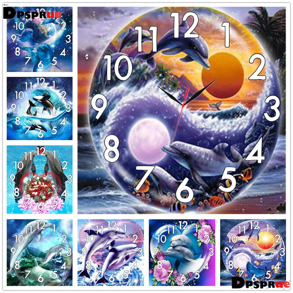 

Dpsprue Full Diamond Painting Cross Stitch With Clock Mechanism Mosaic 5D Diy Square Round Animal Dolphin 3d Embroidery Gift