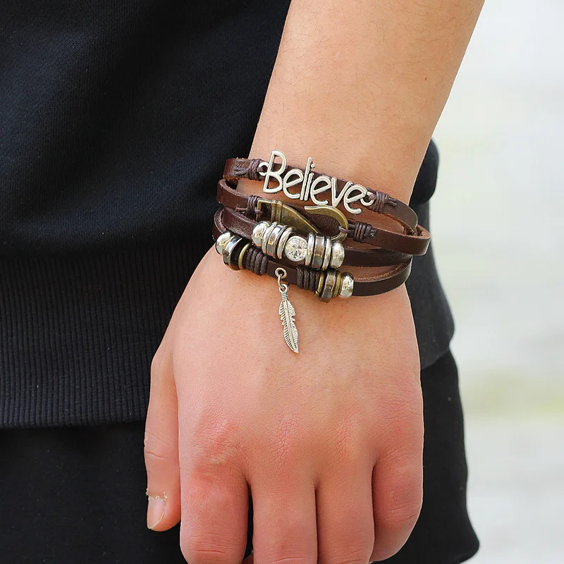 

New Fashion Hot Sale Handwave Classcial DIY Cowhide Bracelet With Matel Believe Feather Multi-Layer For Gift Supplier
