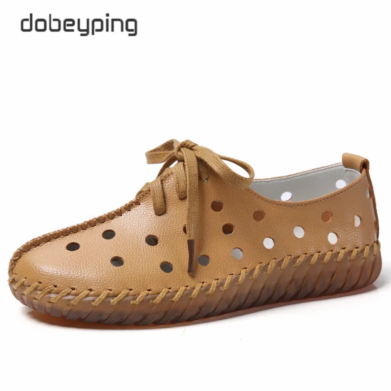 Genuine Leather Shoes Woman Autumn Summer Ladies Shoes Lace Up Ballet Flats Cut-Outs Sneakers Women Moccasins Oxford Shoes Femal