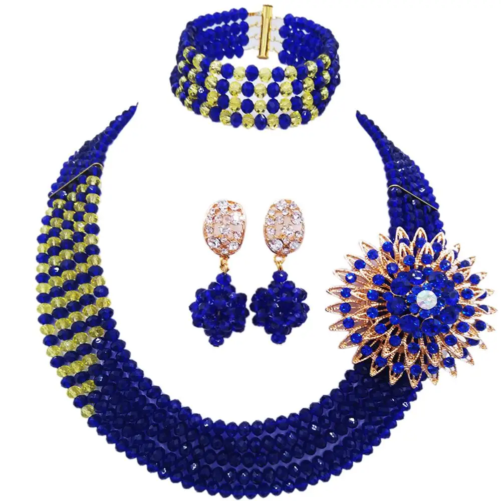 

stylish 5 rows strand necklace royal blue and yellow african wedding beads jewelry set