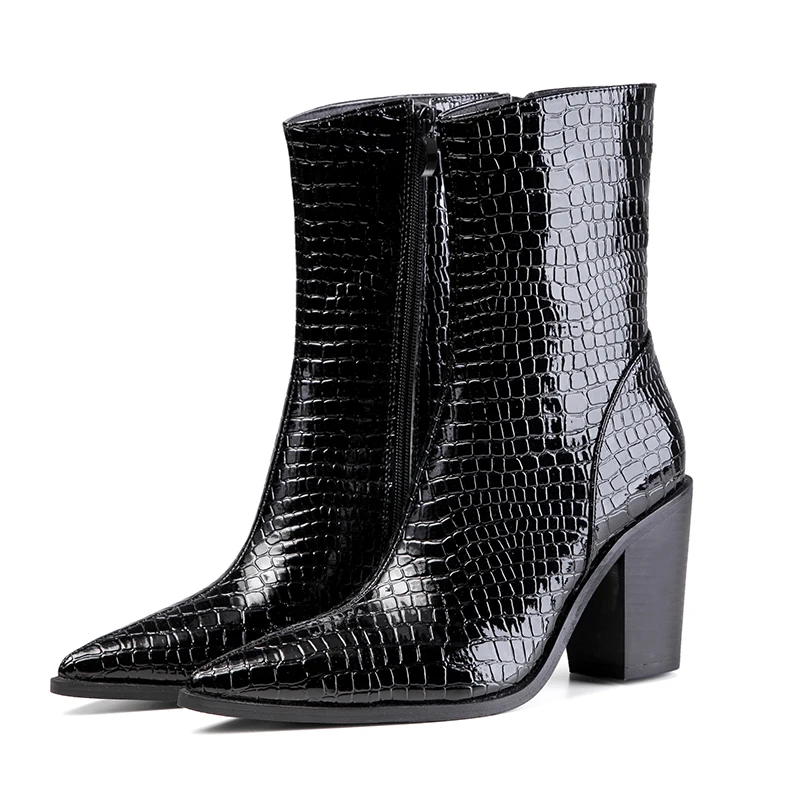 

2021Women Wedge Chunky High Heels Boots Patent Leather Cowboy Ankle Boots Snake Print Western Cowgirl Boots Female Plus Size