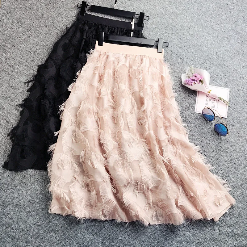 

Spring 2019 Women Pleated Skirts Fashion Feather tassel Pleated Skirts High Waisted Elastic Women Casual Party Skirt