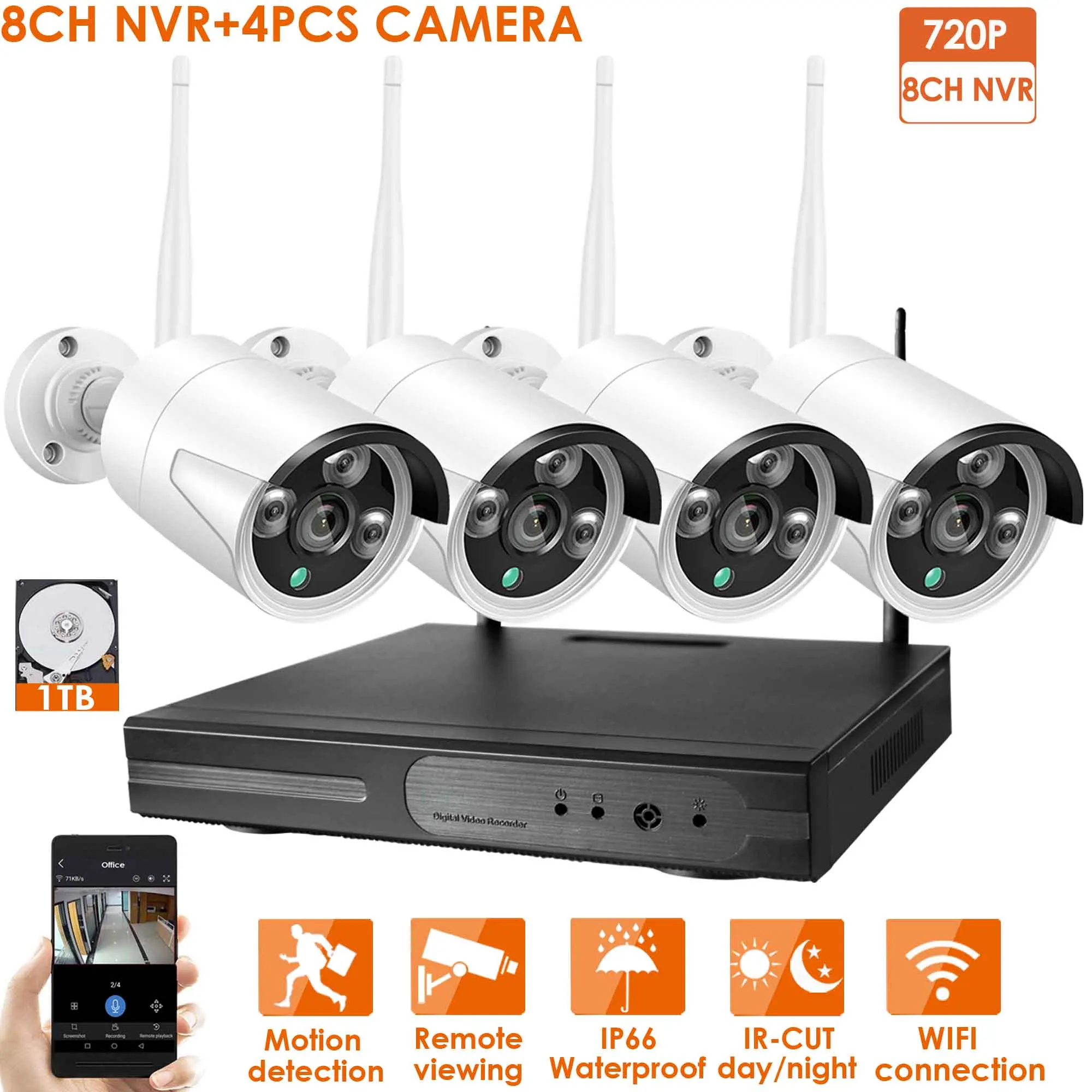 4CH 1080P HD аудио беспроводной NVR комплект P2P 720P Крытый Открытый ИК ночного видения безопасности 4 шт. 1.0MP аудио IP камера wifi CCTV системы - Цвет: 720P 8CH NVR-4CH IPC