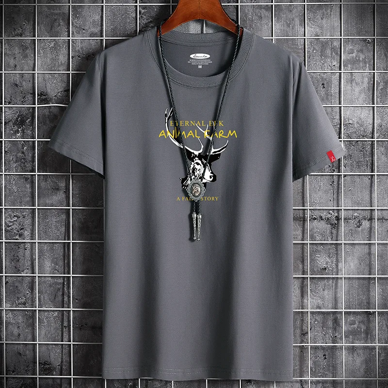 

Summer T-shirt New Men Casual Tee Tops O-Neck Short Sleeve 100% Cotton Elk Print Tshirt Man S-6XL Oversize Loose Shirts