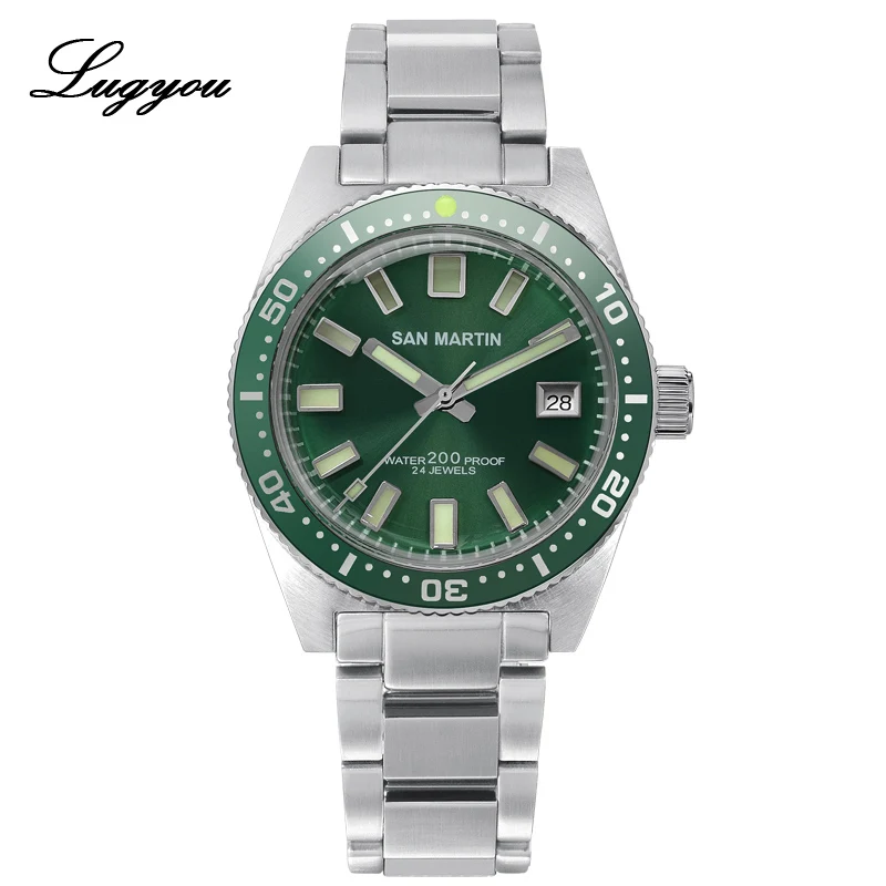 B Green Bezel Lugyou San Martin 62Mas Diver механические Автоматические Мужские часы из нержавеющей стали NH35 керамический ободок с циферблатом от солнца резиновое минеральное стекло - Цвет: B Green Bezel