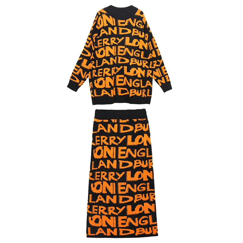 

Autumn Winter Sweater Dress Outfit Two-Piece Large Size Fashion A- Line Skirt Knitting Suit 2 Piece Set Women