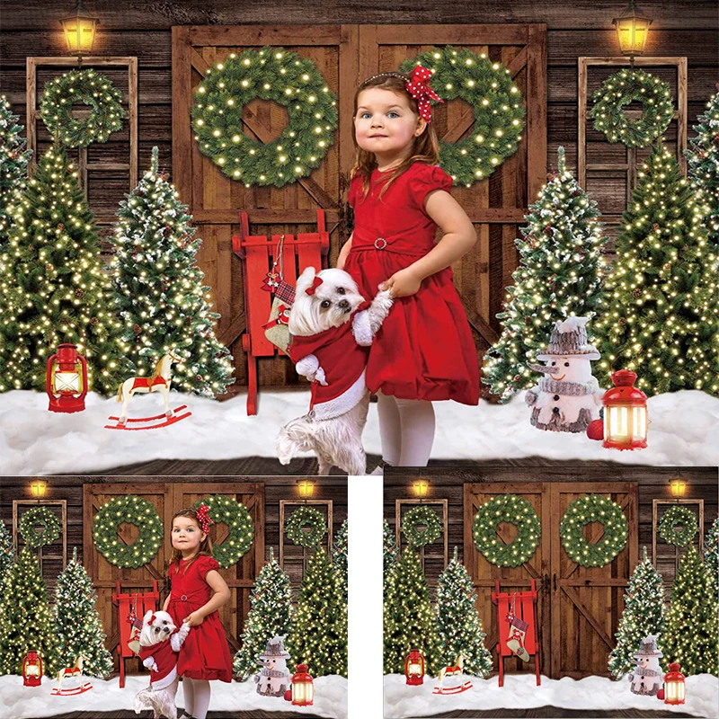 

Фон для фотосъемки с изображением рождественской деревянной двери сарая зимняя Рождественская елка Декоративный баннер для детского дня р...