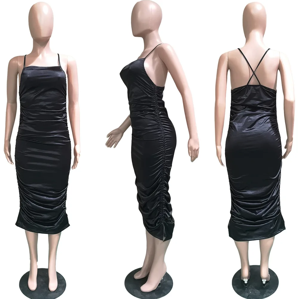 

PinePear Spaghetti Strap Long Midi Satin Dress Women Sexy Backless Cross Bandage Bodycon Party Dress Pleated Stretch Club Outfit