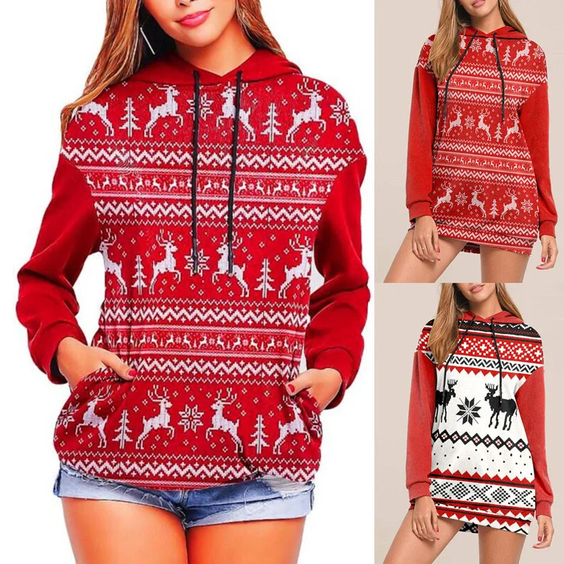 

Women Hoodies Christmas Elk Snowflake Cartoon Cute Print Hooded Collar Drawstring Red Pullover Loose Casual Sweatshirt
