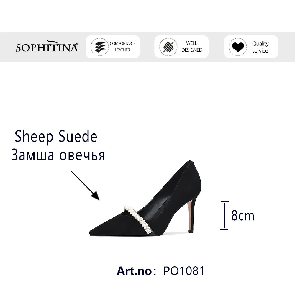 

SOPHOTINA Matyre Style Sexy Pumps Woman Shallow String Bead Pearl Pointed Toe Suede High Thin Heel Dress Shoes PO1081