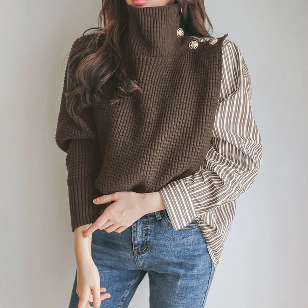 Женский трикотажный свитер-водолазка голубой вязаный свитер составного кроя с