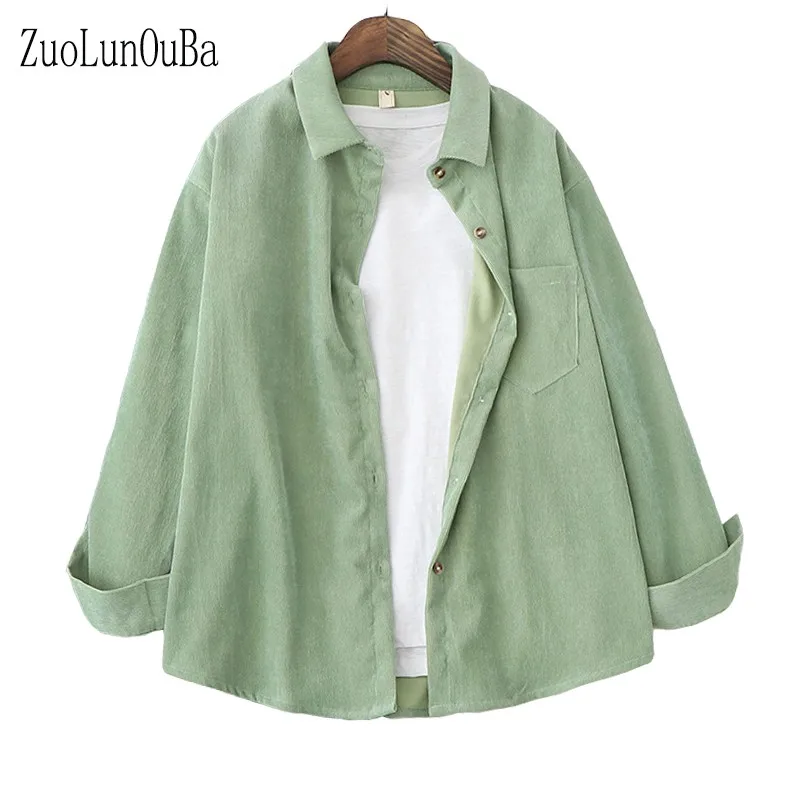 

Spring Autumn Women Corduroy Shirt Green Single Breasted Lapel Shirt Casual Long Sleeve Solid Color Blouse Shirt