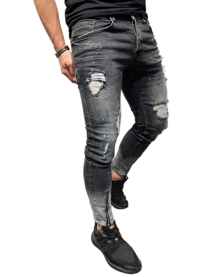 Мужские рваные джинсы на молнии модные облегающие брюки-карандаш с эффектом