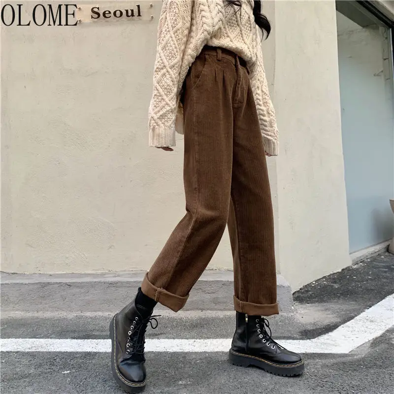 

OLOME New 2021 Women Autumn Corduroy Cargo Pants Elastic Waist Vintage Harajuku Korean Casual Trousers Female 90s Streetwear