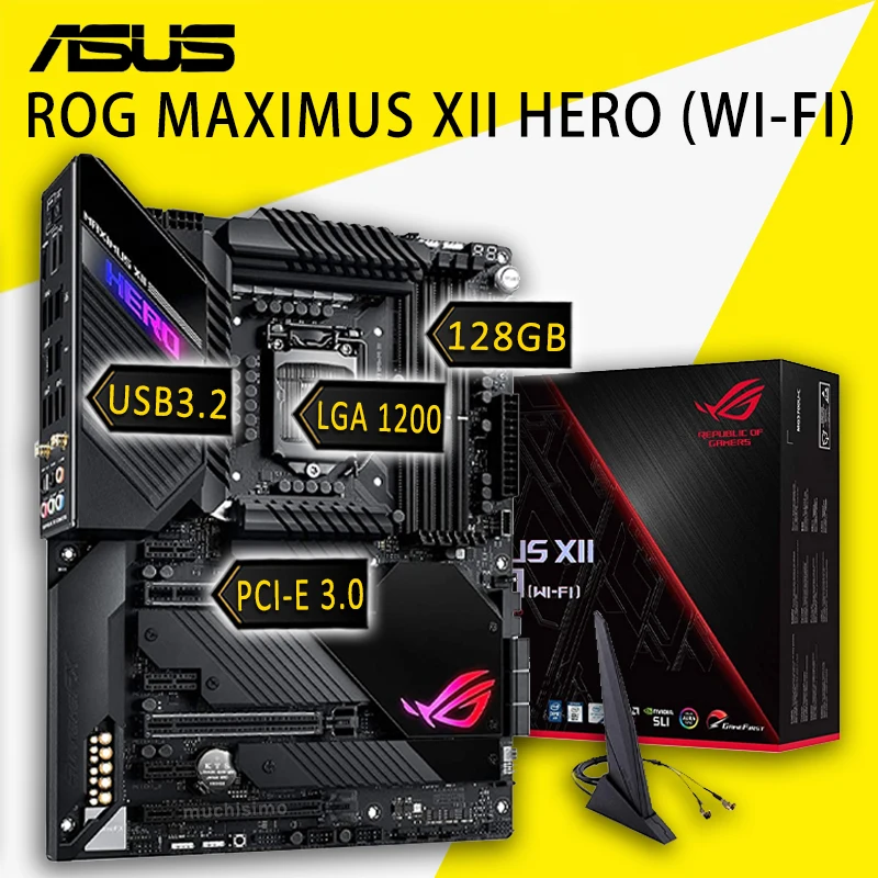 

Материнская плата LGA 1200 Asus ROG MAXIMUS XII HERO (Wi-Fi) DDR4 128 ГБ M.2 SSD PCI-E 3,0 оверлок RGB Z490 игровая пластина-мама 1200