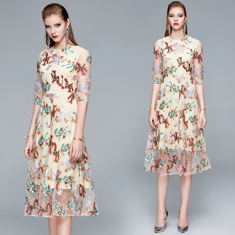 

Runway Summer Flower Embroidery Dress Women Half Sleeve O Neck Gorgeous Party Dresses Female Elegant Midi Dress Mujer Vestidos